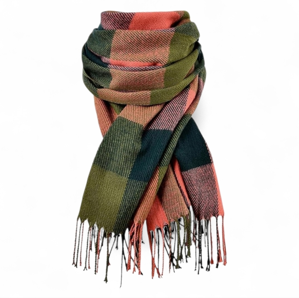🍁 Plaid Green and Red Orange Autumn Scarf with Fringe